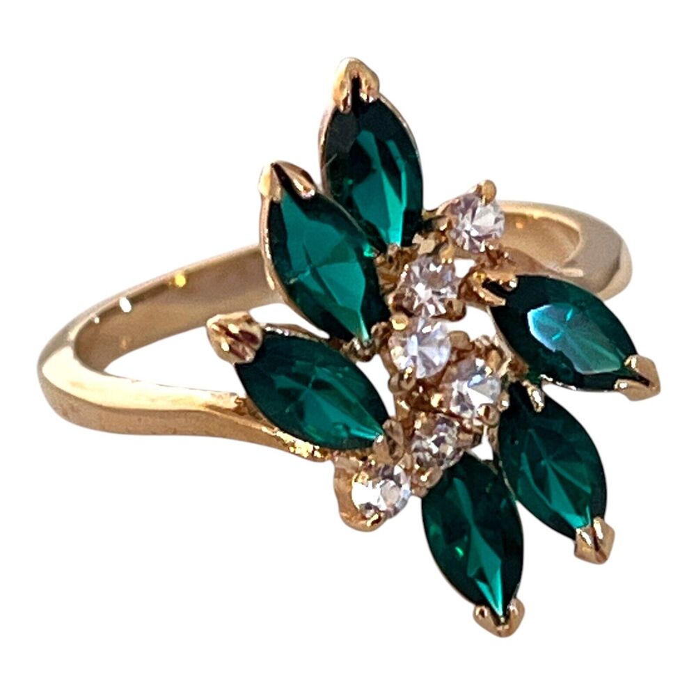 Vintage 1970s Austrian Crystal Ring Size 8 Green Navette 14K Gold Plate - 6C